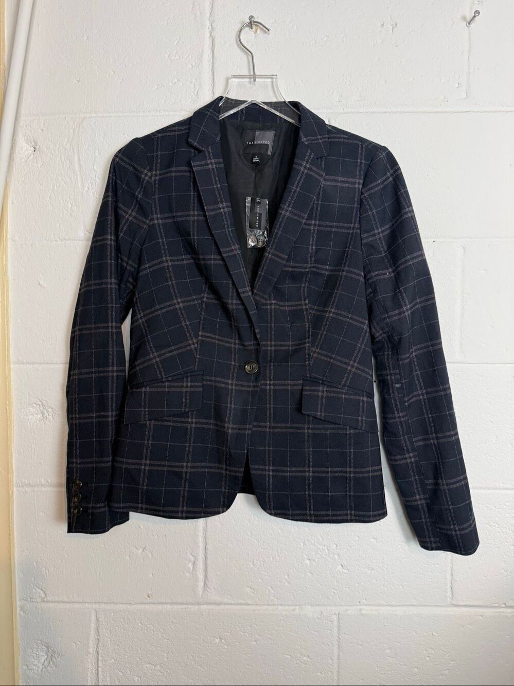 The Limited Navy Windowpane Plaid One-Button Career Blazer NWT Small